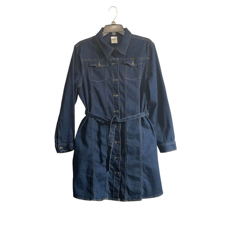 Bedford Fair Med Button Down Shirt Dress Denim Tie Front Western Utility Casual